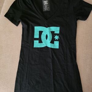 DC Black V-Neck Tee with Teal Logo
